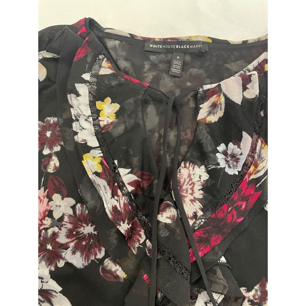 White House Black Market Floral Mesh Ruffle Tie Neck Blouse Black Burgundy Small - Picture 4 of 8